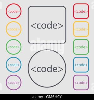 Code-Zeichen-Symbol. Programmierung Sprachsymbol. Symbole auf der Runde und Platz-Tasten mit Rahmen. Vektor Stock Vektor