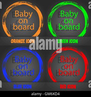Baby on Board Schild-Symbol. Baby im Auto Warnsymbol. Moderne stilvolle. In orange, grün, blau, rot-Design. Vektor Stock Vektor