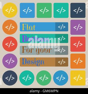 Code-Zeichen-Symbol. Programmierung Sprachsymbol. Satz von zwanzig farbige flache, Runde, quadratische und rechteckige Schaltflächen. Vektor Stock Vektor