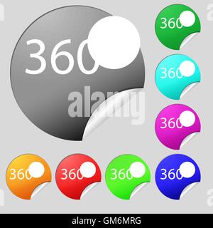Winkel 360 Grad Zeichen Symbol. Geometrie Math Symbol. Volle Umdrehung. Satz von acht Multi farbige Runde Buttons, Aufkleber. Vektor Stock Vektor