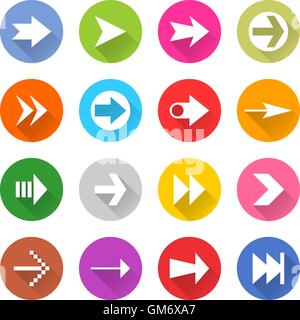 16 Pfeil-Icon set 01 weißes Schild auf Farbe. Web-Taste auf weißem Hintergrund. Einfache minimalistischen mono flach lange Schatten-Stil. Stock Vektor