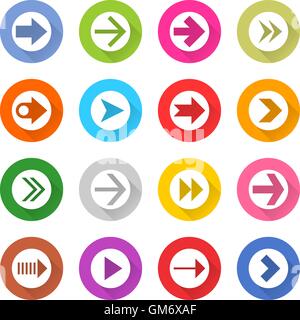 16 Pfeil-Icon set 01 weißes Schild auf Farbe. Web-Taste auf weißem Hintergrund. Einfache minimalistischen mono flach lange Schatten-Stil. Stock Vektor