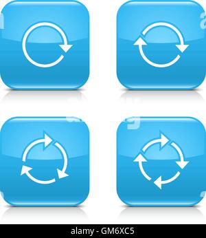 4 Pfeil-Symbol. Weiße wiederholen, neu laden, aktualisieren, Drehung Zeichen. Eingestellt von 01. Blaue gerundete Quadrat-Taste mit grauen Reflexion Stock Vektor