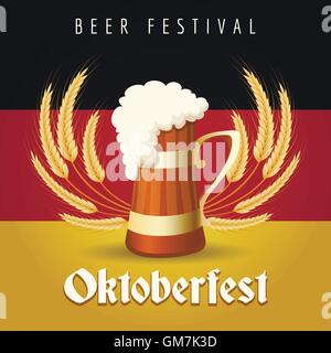 Deutsches Bier Festival Oktoberfest Emblem. Bierkrug gegen Gerste Ohren und deutschen Nationalflagge. Stock Vektor