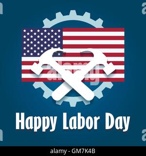 Glücklich Labor Day-Emblem mit amerikanischer Flagge und zwei Hämmer. Stock Vektor