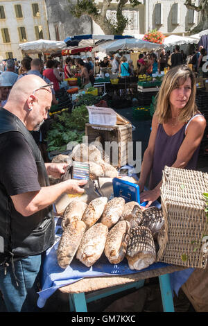 Frische, Französisch, Brot, Stall, an esperaza Sonntag Markt, Aude, Südfrankreich. Beliebte wöchentliche Nahrung und Kleidung Markt mit viel frische Lebensmittel lokal produziert. Stockfoto