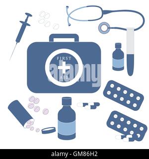 Stilisierte farbigen Satz von verschiedenen medizinischen Geräten und Medikamenten Verbandskasten auf weißem Hintergrund Stock Vektor