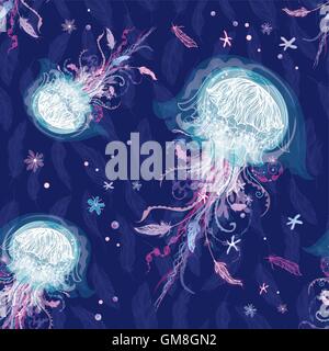 Nahtlose Ozean Boho Stilmuster mit ornamentalen Medusa mit tribal-Elementen - Federn und Blumen auf blauem Hintergrund Stock Vektor