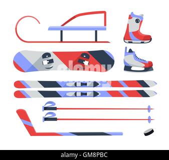 Wintersport-Objekte, Geräte-Sammlung, Vektor-Icons, flache Stil. Stock Vektor