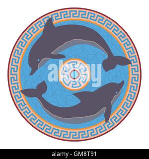 Rosette mit zwei springende Delfine. Minoischen Stil. Design für Logo, Illustration, t-Shirt, Tasche, Tätowierung, anzeigen etc.. Stock Vektor