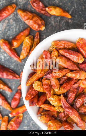 Mini-Chilischoten in Schüssel auf Küchentisch getrocknet. Ansicht von oben. Stockfoto