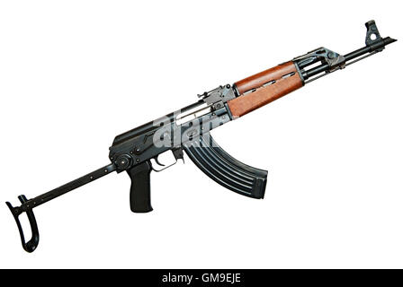 AK47 AKMS Kalaschnikow-Sturmgewehr vor einem weißen Hintergrund. Stockfoto