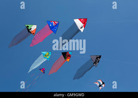 Gruppe von sechs bunten Drachen fliegen in einem klaren blauen Himmel. Flaggen und Symbole auf dekorierten Seide hoch in den Himmel. Stockfoto