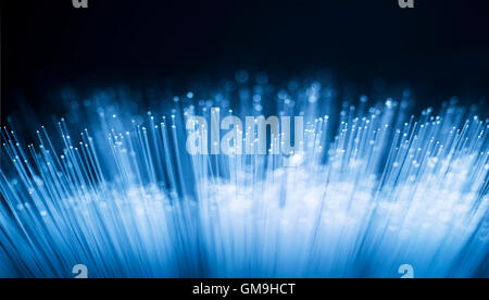 Reihe von leuchtenden Glasfaserkabeln auf schwarzem Hintergrund Stockfoto