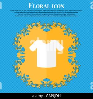 T-Shirt, Kleidung. Flache Blütenmuster auf blauem abstrakten Hintergrund mit Platz für Ihren Text. Vektor Stock Vektor