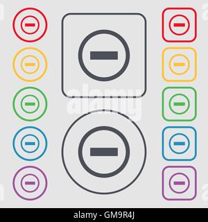 Minus-Zeichen-Symbol. Negativ-Symbol. Verkleinern Sie die Ansicht. Symbole auf der Runde und Platz-Tasten mit Rahmen. Vektor Stock Vektor