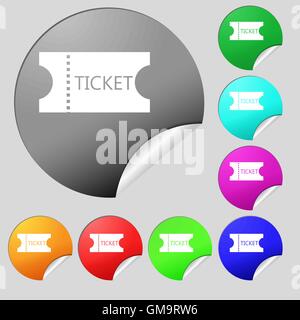 Ticket-Symbol Zeichen. Satz von acht Multi farbige Runde Buttons, Aufkleber. Vektor Stock Vektor