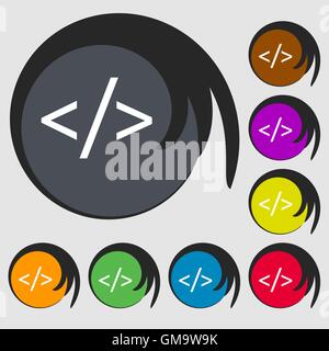 Code-Zeichen-Symbol. Programmierung Sprachsymbol. Symbole auf acht farbigen Tasten. Vektor Stock Vektor