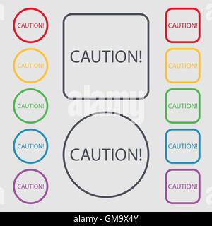 Achtung Vorsicht Zeichen Symbol. Ausrufezeichen. Gefahrensymbol Warnung. Symbole auf der Runde und Platz-Tasten mit Rahmen. Vektor Stock Vektor