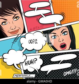 Comic-Sprechblasen in einem Comic-Strip-Hintergrund mit Frauen. Vektor-illustration Stock Vektor