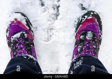 Rosa und lila Wanderschuhe stehen im Schnee Stockfoto