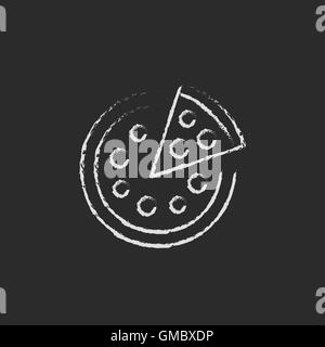 Ganze Pizza mit einem Slice-Symbol in der Kreide gezeichnet. Stock Vektor