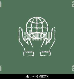 Zwei Hände halten "Weltkugel"-Symbol in der Kreide gezeichnet. Stock Vektor