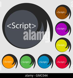 Skript-Schild-Symbol. JavaScript Codesymbol. Symbole auf acht farbigen Tasten. Vektor Stock Vektor