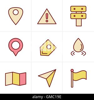 Ikonen-Stil Kartensymbole auf weißem Hintergrund. GPS und Navigation, Stock Vektor