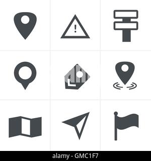 Ordnen Sie die Symbole auf weißem Hintergrund. GPS und Navigation, Vektor-Design Stock Vektor
