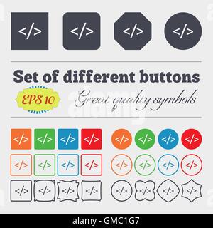 Code-Zeichen-Symbol. Programmierung Sprachsymbol. Große Reihe von bunten, vielfältigen und qualitativ hochwertigen Tasten. Vektor Stock Vektor