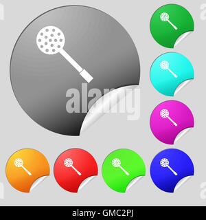 Küche Geräte Symbol Zeichen. Satz von acht Multi farbige Runde Buttons, Aufkleber. Vektor Stock Vektor