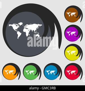 Schild "Weltkugel"-Symbol. Welt-Karte-Geographie-Symbol. Symbole auf acht farbigen Tasten. Vektor Stock Vektor