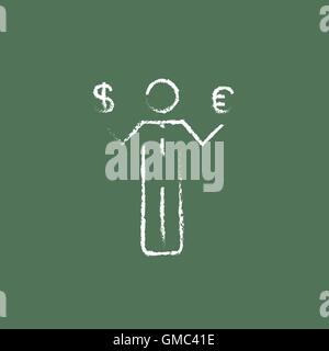 Geschäftsmann halten Euro- und US-Dollar-Symbol in der Kreide gezeichnet. Stock Vektor