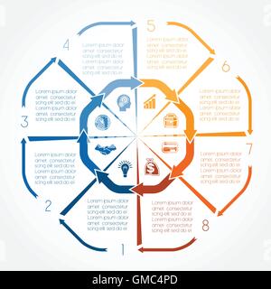 Farbe-Pfeile-Infografik für acht Positionen möglich, verwenden Sie für Workflow, Banner, Diagramm, Webdesign, Timeline, Flächendiagramm Stock Vektor