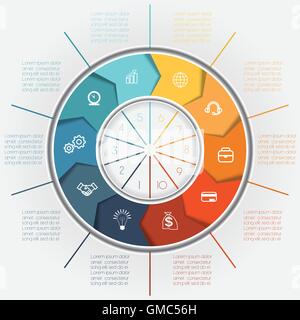 Vorlage für konzeptionelle zyklische Infografiken Geschäftsprozesse, Positionen Farbring von zehn Pfeilen für Textbereich Stock Vektor