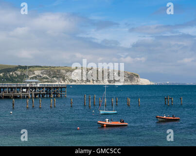 Blick über Swanage Bay Ballard down, Dorset, Großbritannien Stockfoto