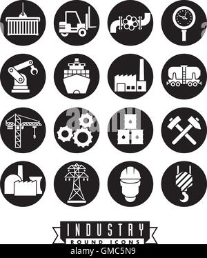 Sammlung von 16 solide schwarze Runde Industrie-thematische Vektor-icons Stock Vektor