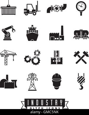 Sammlung von 16 solide schwarze Industrie-thematische Vektor-icons Stock Vektor