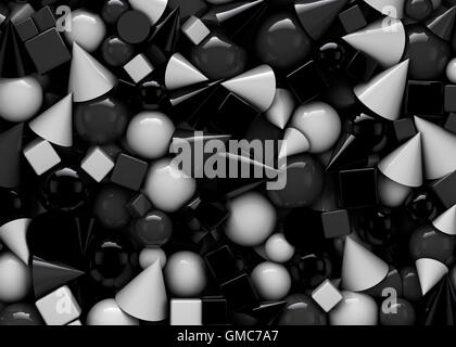 3D Abbildung Textur mit schwarzen und weißen geometrischen Formen, Kegel, Würfel und Kugeln Stockfoto