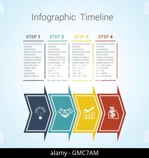 Vorlage Timeline Infographic farbige horizontale Pfeile nummeriert für vier Positionen werden, für Workflow, Banner, Diagramm verwendet kann Stock Vektor