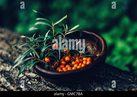 Sanddorn-Beeren in einer Holzschale Stockfoto