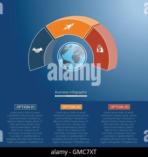 Vorlage-Infografiken-Business-Konzept farbige Teile Halbkreis und Globe, für drei Positionen, Optionen, Teile nummeriert Stock Vektor