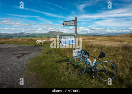 Radfahren in den Wald von Bowland Blick nach Norden mit Whernside, Ingleborough & Pen-y-Gent von links nach rechts im Hintergrund, England Stockfoto