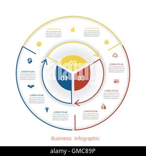 Vorlage Infografik drei Position, Schritte, Teile mit Textbereich, Vektor-Illustration in Form von Kreis Teile bunt. Stock Vektor