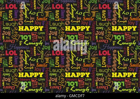 Bunte Musterdesign mit Worten: glücklich, Freude, lachen, Lächeln, Freude, Liebe, Spaß, Prost. Vektor. Schwarzer Hintergrund. Stock Vektor