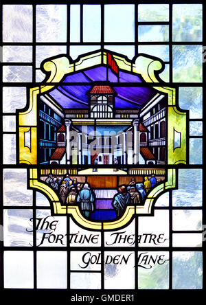 London, England, Vereinigtes Königreich. St Giles Predigten Kirche, Vorderstraße (Barbican). Glasmalerei-Fenster: Fortune Theatre (/Playhouse) ich Stockfoto