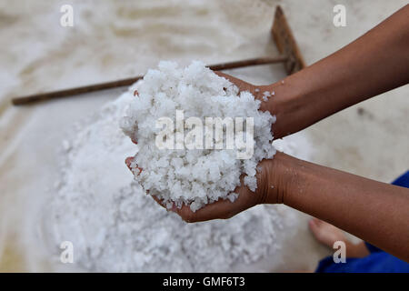 Yuncheng, China Shanxi Provinz. 25. August 2016. Ein Arbeiter hält Salz in ein Salz produzieren Basis in Salt Lake City in Yuncheng, Nord-China Shanxi Provinz, 25. August 2016. Salt Lake City von Yuncheng, weltberühmten Salz Binnensee bekannt als "Dead Sea of China", neu gestartet, seine Produktion von Salz vor kurzem, die hauptsächlich für die Herstellung von Skulpturen, Lichter und Badesalz verwendet wird. © Zhan Yan/Xinhua/Alamy Live-Nachrichten Stockfoto