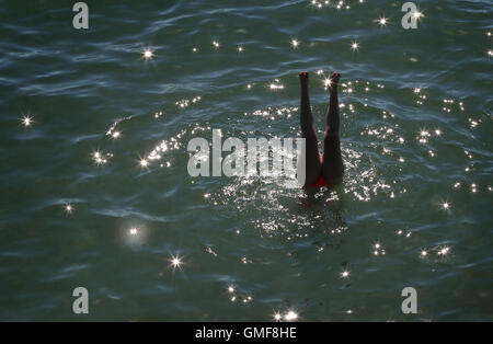 Lindau, Deutschland. 25. August 2016. Eine junge Frau kühlt im Bodensee bei Lindau, Deutschland, 25. August 2016. Foto: Karl-Josef Hildenbrand/Dpa/Alamy Live News Stockfoto