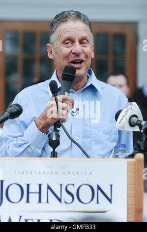 Concord, New Hampshire, USA. 25. August 2016. Libertäre Präsidentschaftskandidaten Gary Johnson spricht bei seiner ersten New Hampshire-Kampagne-Rallye. © Andrew Cline/Alamy Live-Nachrichten Stockfoto